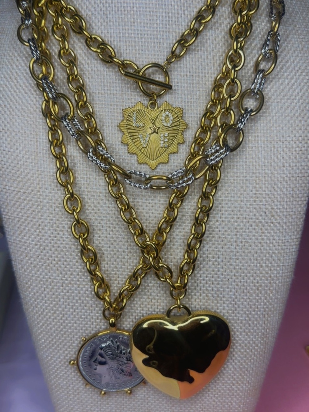 Gold-Tone Heart Pendant & Medallion Coin Layered Necklace Stack 18K Plated